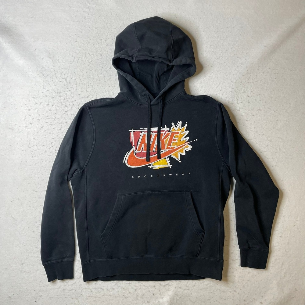 Nike Sportswear Hoodie‎ Mens Medium Black Graphic Logo Fleece Pullover